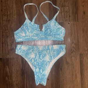 Blue and White Snakeskin High Waisted Bikini Set